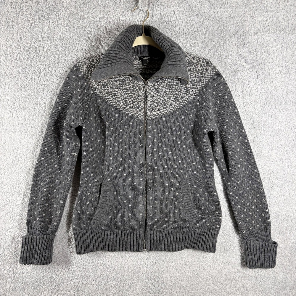 Talbots Fair Isle Full Zip Wool Blend Ski Sweater Size M Gray Turtleneck Winter